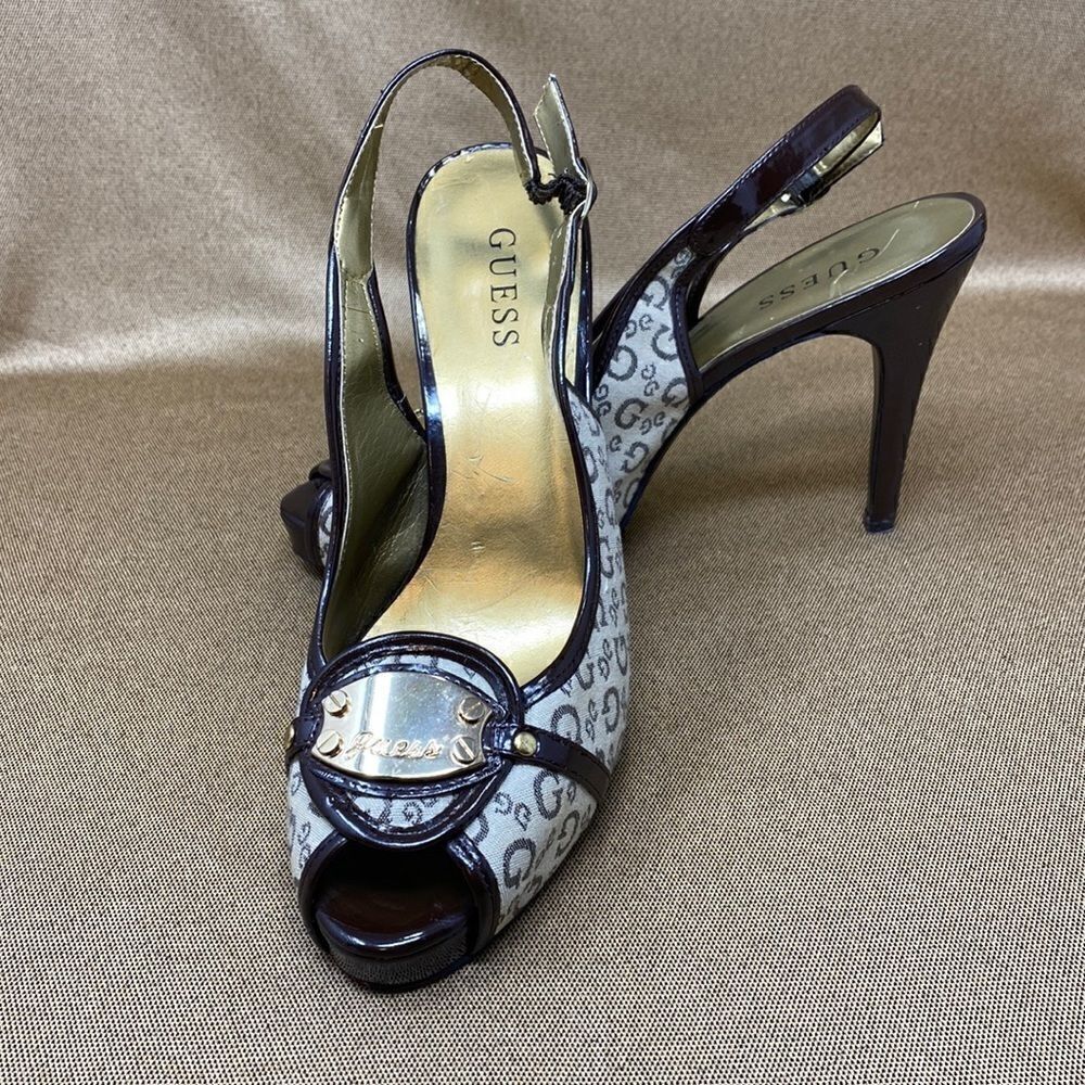 Guess Monogram Peep Toe Platform Slingback Heels